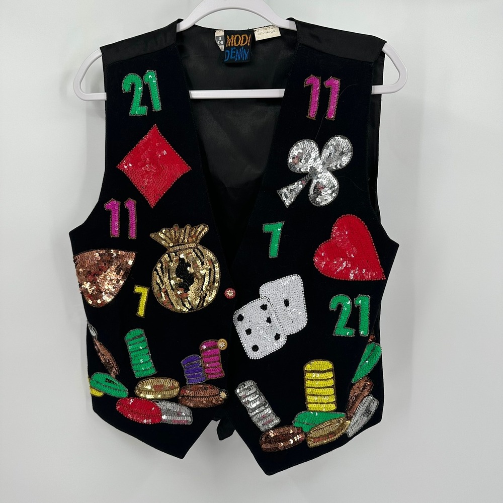 Modi‎ Denim Womens Vintage Casino Sequin Vest Size S Maximalist Kitsch Eclectic